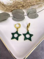 Çelik Yeşil Taşlı Yıldız Küpe Gold - Görsel 2